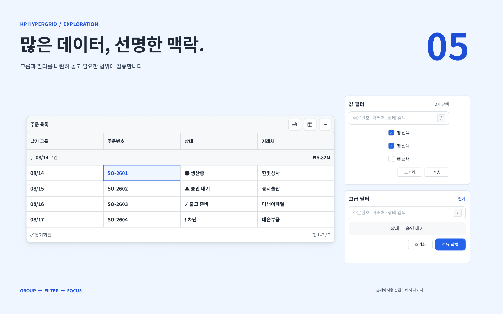 그룹·필터 — 핵심 정보를 재구성한 제품 소개